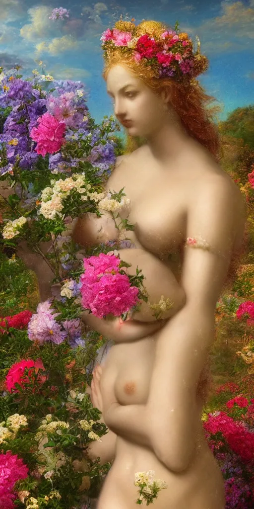 Prompt: high definition, digital, hyperreal, 2 k, tilt - shift, aphrodite, goddess of love, surrounded by flowers, in the style of a painting