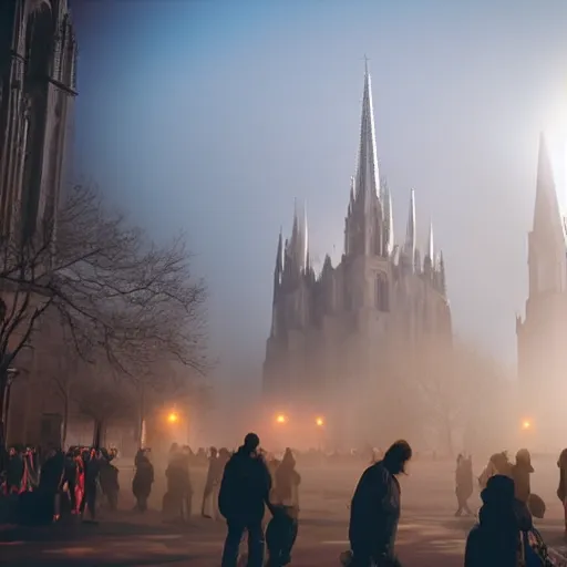 Image similar to zombies in front of gothic cathedral, fog, crepuscular, martian volumetric lights