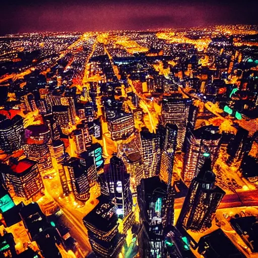 Prompt: city at night viewed from above, instagram contest winner, glowing lights, vivid colors, circuitry