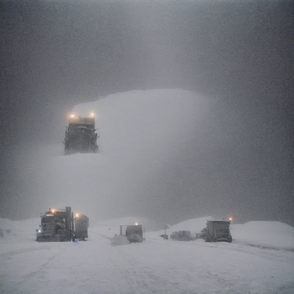 Image similar to photo, big snow plow truck is in the distance with a bright headlighta. cold color temperature, snow storm. hazy atmosphere. humidity haze. kodak ektachrome, greenish expired film, award winning, low contrast,