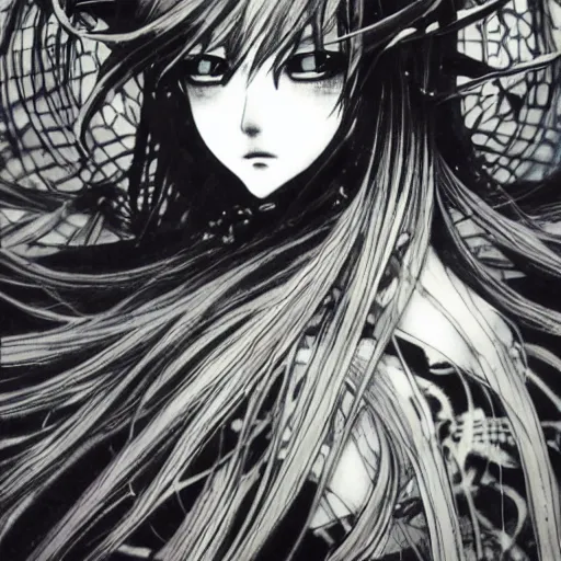 Image similar to yoshitaka amano blurred and dreamy illustration of an anime girl with black eyes, wavy white hair fluttering in the wind wearing elden ring armor and crown with engraving, abstract black and white patterns on the background, noisy film grain effect, highly detailed, renaissance oil painting, weird portrait angle, blurred lost edges, three quarter view