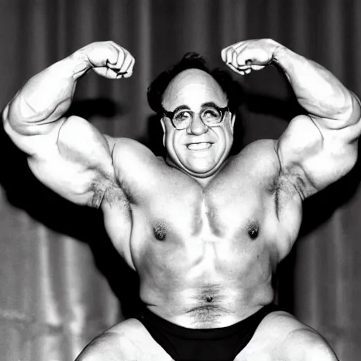 Image similar to photograph of danny devito as a professional bodybuilder, happy facial expression, black and white photograph, 3 5 mm