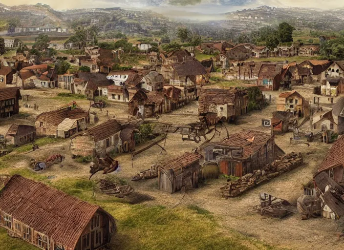 Prompt: realistic photo of a town, settlement, buildings, detailed scenery, neolithic time period