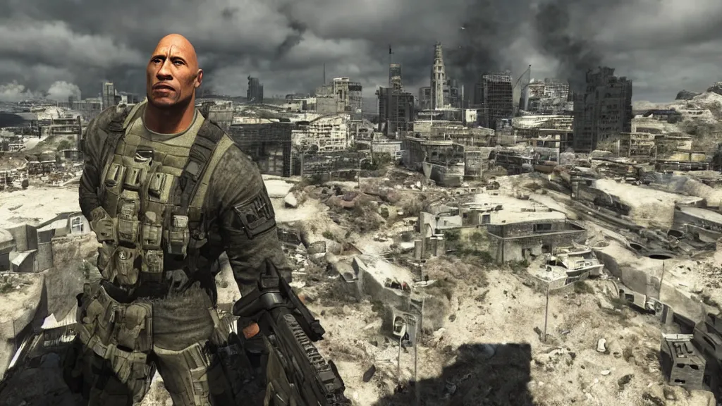 Image similar to dwayne the rock johnson, dwayne the rock johnson in the call of duty map highrise, modern warfare 2 highrise, screenshot