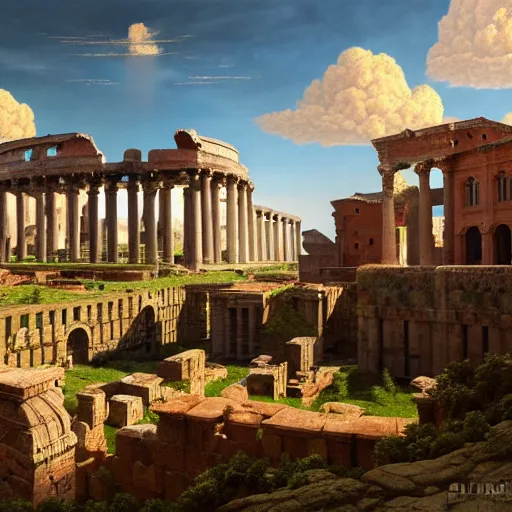 Image similar to highly detailed painting of an idyllic ancient roman city landscape, dramatic, sense of scale, stephen bliss, unreal engine, greg rutkowski, ilya kuvshinov, ross draws, hyung tae and frank frazetta, tom bagshaw, tom whalen, nicoletta ceccoli, mark ryden, earl norem, global illumination, god rays, beautiful