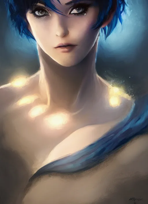 Prompt: girl with black and blue hair, pixie haircut, beautiful highly detailed face, complementary lighting, backlit, black eyeshadow, grinning, adventure, alluring gaze, dramatic lighting, landscape background, beautiful painting by artgerm and greg rutkowski and raymond swanland