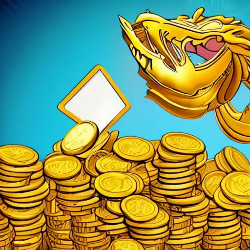 Prompt: bank filled with golden coins operated by dragons, cartoon