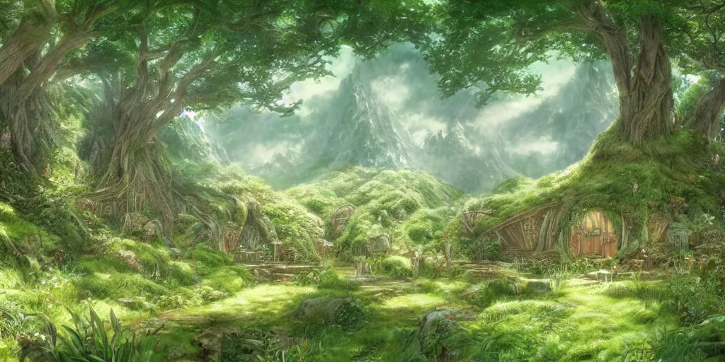 Prompt: lush and beautiful concept art for the shire, lord of the rings, peter jackson, studio ghibli, detailed,