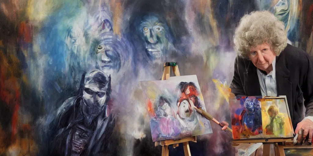 Image similar to tom baker, stands at a his easel, dressed as doctor who, paints portraits of davros, daleks and cyber men, soft focus, long exposure