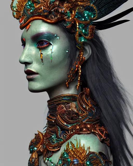 Prompt: 3 d warrior goddess close - up profile portrait. beautiful intricate highly detailed chuu! magpie helm and richly embroidered blouse, quetzalcoatl, stingray, bioluminescent, plasma, lava, ice, feather, wind, stormy, artwork by tooth wu and wlop and annie leibovitz, octane 3 d render