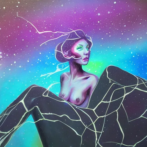 Prompt: hypersurreal dreamlike fey reclining on cosmic roots, infinity, nebula, smeared acrylic paint, concept art