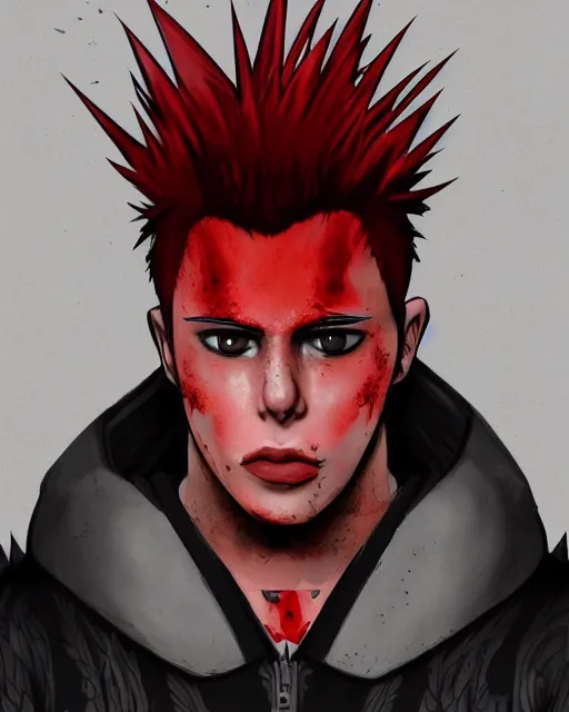 Image similar to young man with a short red dyed mohawk, red eyes and a slim face, gauged ears, dressed in crustpunk clothing, headshot, attractive, handsome, in color, no makeup, model, trending on artstation, high quality art, character design