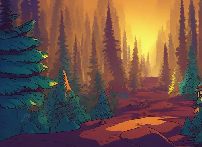 Image similar to gravity falls forest artwork, dramatic theming, mood lighting, unfortunate, hand painted cartoon art style, brutal, autumn, golden sunset, nostalgia, scenic, with text, 8k, award winning, wish you were here, mystical, beautiful, amazing