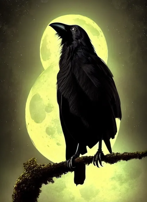 Image similar to side portrait dark crow on tree in front of the full big moon, fine art, awesome fantasy book cover on Pinterest, award winning, fantasy forest landscape, fantasy magic, dark golden light night, intricate, elegant, sharp focus, illustration, highly detailed, digital painting, concept art, matte, art by WLOP and Artgerm and Greg Rutkowski, masterpiece, trending on artstation