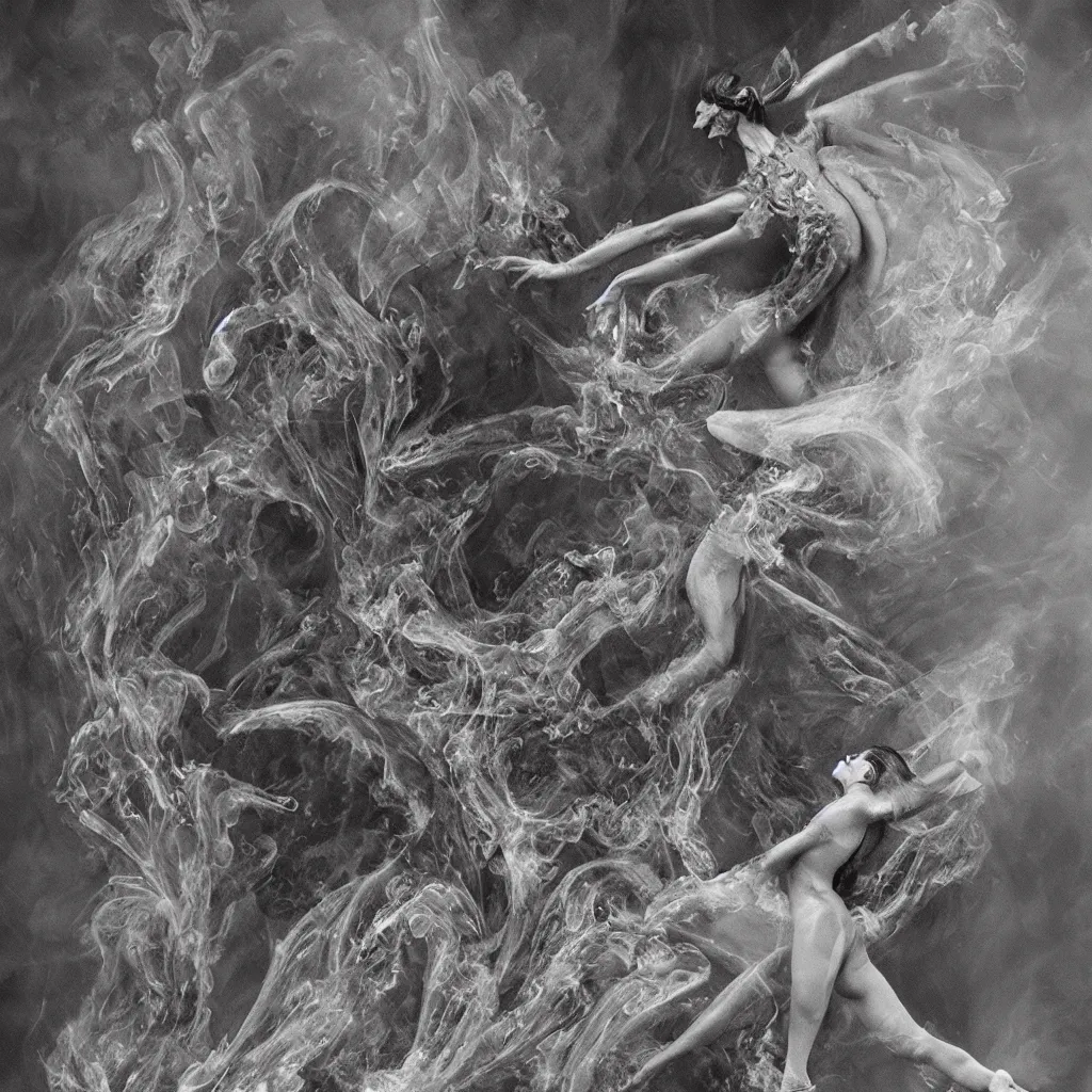 Prompt: a graceful detailed demon ballerina leaving a trail of smoke in a pool of lava by h. r. giger