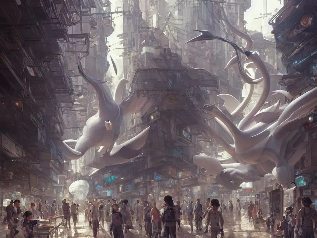 Prompt: a big lugia pokemon walking among people in open door market, cyberpunk, sci-fi, fantasy, intricate, elegant, highly detailed, digital painting, artstation, concept art, smooth, sharp focus, illustration, art by Yintion J - Jiang Geping and artgerm and greg rutkowski and alphonse mucha