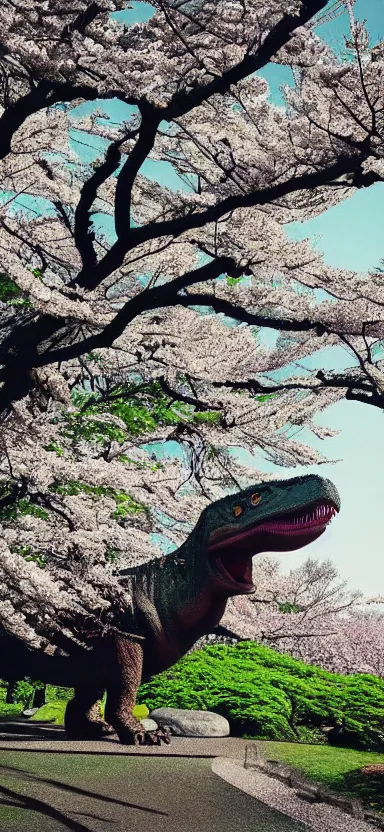 Image similar to “ a portrait photo of tyrannosaurus at a sakura tree, side shot, by shunji dodo, 8 k resolution, high quality ”