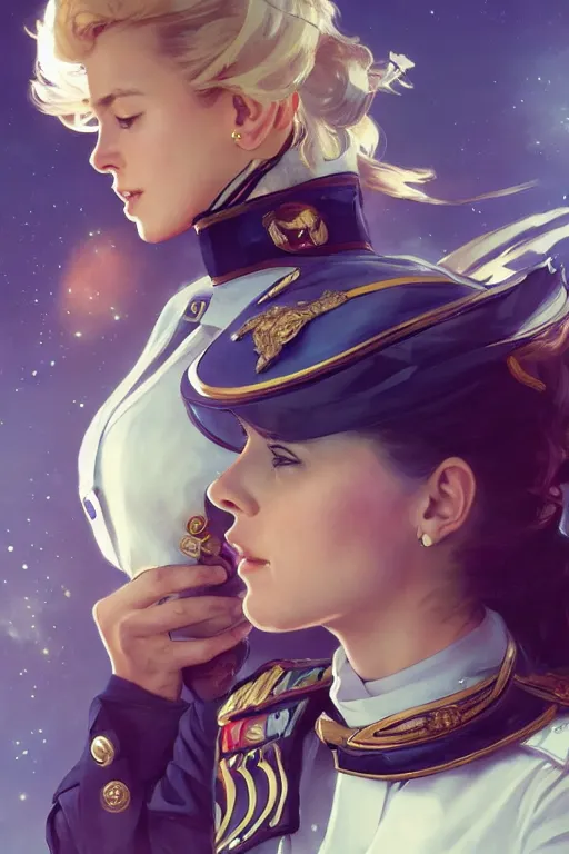 Image similar to beautiful portrait of a female officer wearing a fancy naval uniform, art by artgerm, wlop, craig mullins, alphonse mucha, science fiction, intricate detail, blonde hair, space background, trending on artstation, sharp focus, illustration, caustics, octane render, radiant light, 4 k