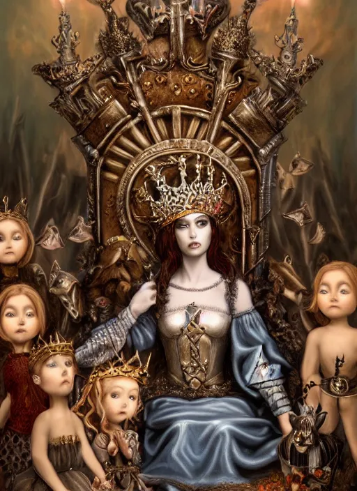 Image similar to highly detailed closeup portrait of a goth fairytale joan of arc wearing a crown and sitting on a throne, surrounded by cutr bunnies, unreal engine, nicoletta ceccoli, mark ryden, earl norem, lostfish, global illumination, god rays, detailed and intricate environment