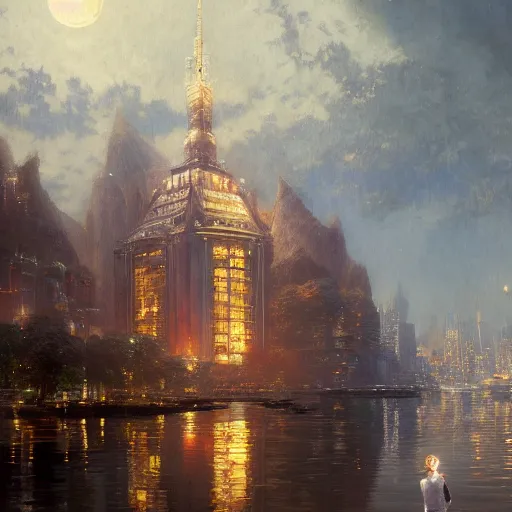 Image similar to saitama floating high in the night, fantasy, full moon in background. highly detailed painting by gaston bussiere, craig mullins, j. c. leyendecker, mid shot, 8 k realistic, cryengine, frostbite 3 engine, sharp focus