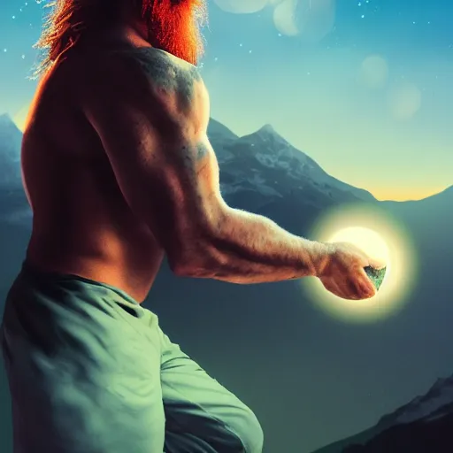 Image similar to a man holding a boulder over his head, backlit, fantasy art, bulging veins, long beard, red hair, mountains in the background