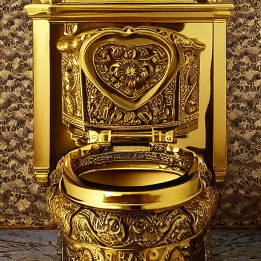 Image similar to a toilet made from solid gold. highly detailed, ornate, photorealistic