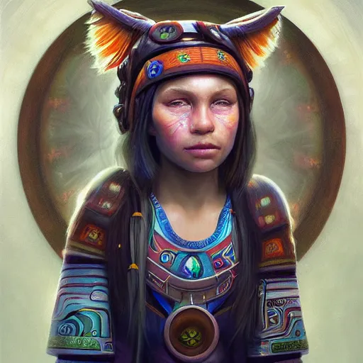 Image similar to portrait of a future tech shaman warrior by Mandy Jurgens, cartoon, oil painting, visionary art, symmetric, Magick symbols, holy halo, shipibo patterns