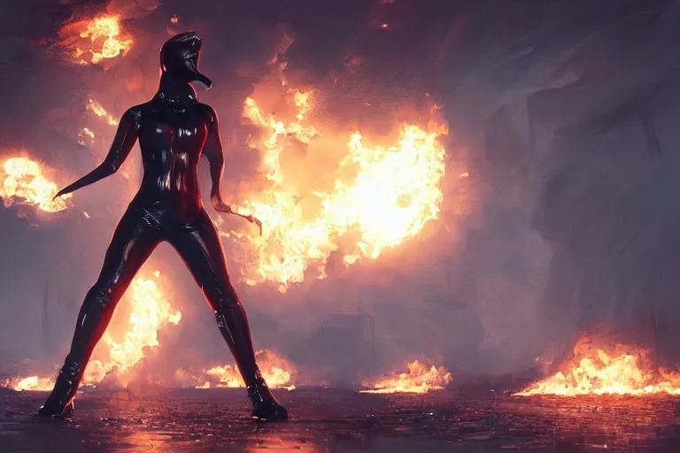 Image similar to a hero who makes things explode by looking at them standing in front of a burning city, concept art by Eddie Mendoza, black face vizor, latex catsuit