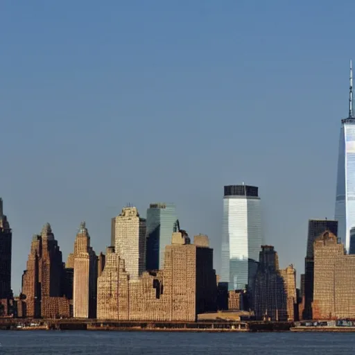 Prompt: NYC skyline with the Freedom Tower and both World Trade Center buildings visible