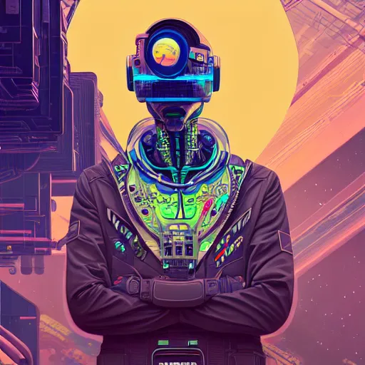 Image similar to high quality high detail portrait of a cyber diesel punk in an alien world,, tristan eaton, victo ngai, artgerm, rhads, ross draws, hyperrealism, intricate detailed, alphonse mucha, 8 k, sci - fi, pastel colors, artstation,