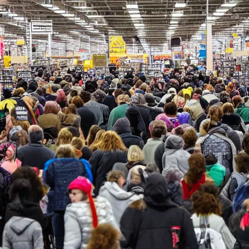 Image similar to the crowds at the black friday sales at walmart, intricate, highly detailed, sharp focus, art by michelangelo