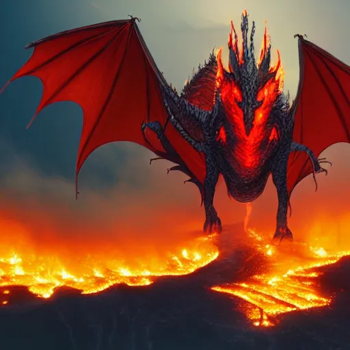 Image similar to horror dragon flying over a city, fire, lava, smoke, ethereal