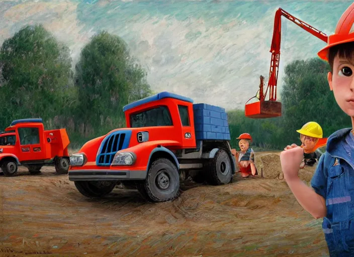 Image similar to a boy and his construction truck friends in a construction site in the style of pixars cars, in the style of jeremy enecio, intricate, miles johnston, monet, cynical realism, john william godward, painterly, yoshitaka amano, miles johnston, louise zhang, pekka halonen, finnish naturalism, realism