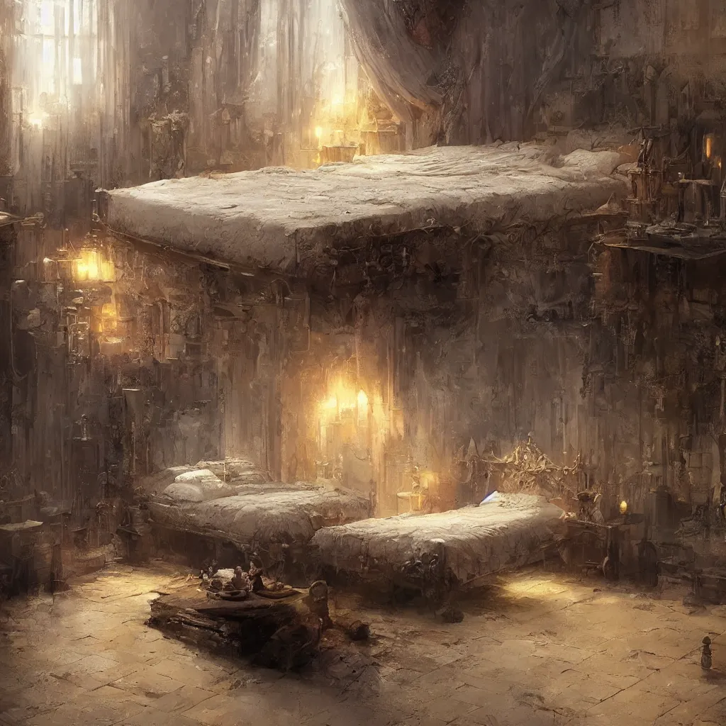 Image similar to a bed on stand in a magical area, by greg rutkowski