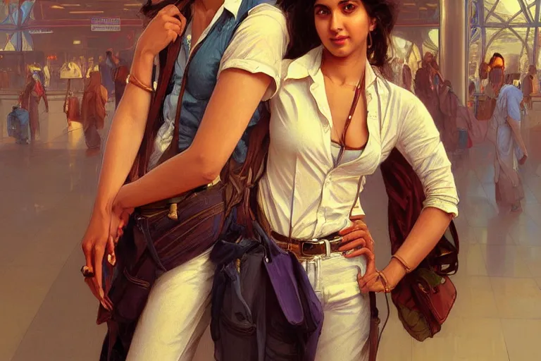 Image similar to Optimistic good looking pale young Indian doctors wearing jeans at the airport, portrait, elegant, intricate, digital painting, artstation, concept art, smooth, sharp focus, illustration, art by artgerm and greg rutkowski and alphonse mucha