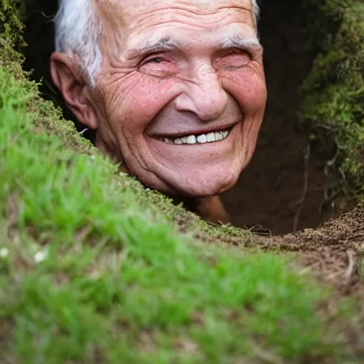 Image similar to a smiling old man seen standing in a hole