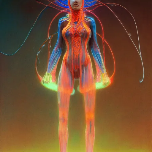 Image similar to Wanda Maximoff, dynamic pose, glowing, wires everywhere, by Edgar Maxence and Ross Tran, Zdzisław Beksiński, and Michael Whelan, distant, gustav dore, H.R. Giger, 8k, octane render