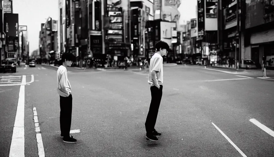 Prompt: masterful street photography by haruto hoshi and yang seung woo and saul leiterphotography, young man in tokyo japan, film grain, shot on kodak gold with a canon 3 5 mm lens aperture f / 5. 6, hyperrealistic