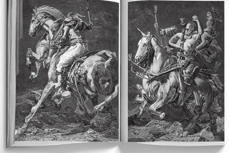 Image similar to highly detailed big open book, open book page, don quixote left the book, symmetrical face, magical, roman myth, masterpiece, highly detailed painting by gustave dore