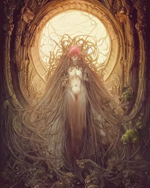 Image similar to a beautiful detailed front view of a dead rotten princess with ornate growing around, ornamentation made of baroque architecture, elegant, beautifully soft lit, by wayne barlowe, peter mohrbacher, kelly mckernan