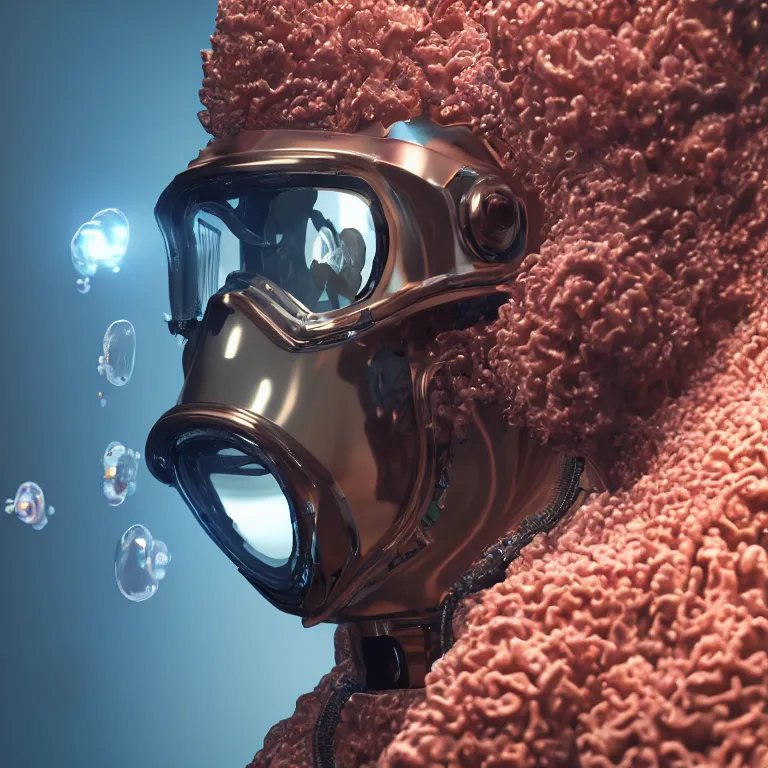 Image similar to octane render portrait by wayne barlow and carlo crivelli and glenn fabry, subject is a shiny reflective tactical futuristic android scuba diver with small lights inside helmet, surrounded by bubbles inside an exotic alien coral reef aquarium full of exotic fish, cinema 4 d, ray traced lighting, very short depth of field, bokeh