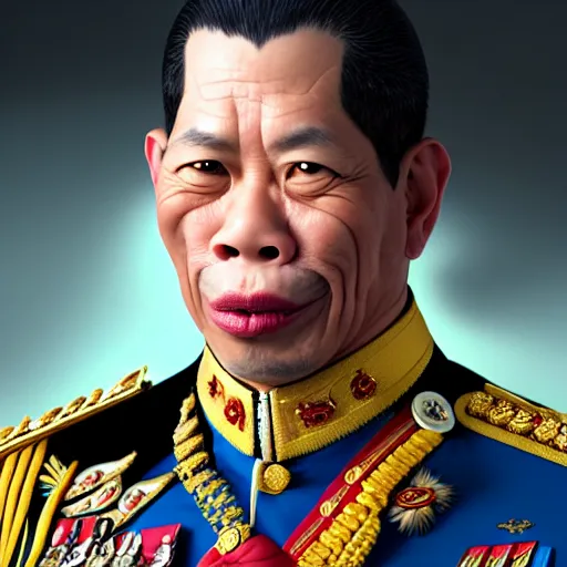 Image similar to a portrait of King Vajiralongkorn picking his nose, realistic face, grimdark extremely detailed fantasy art by Gerald Brom, octane render