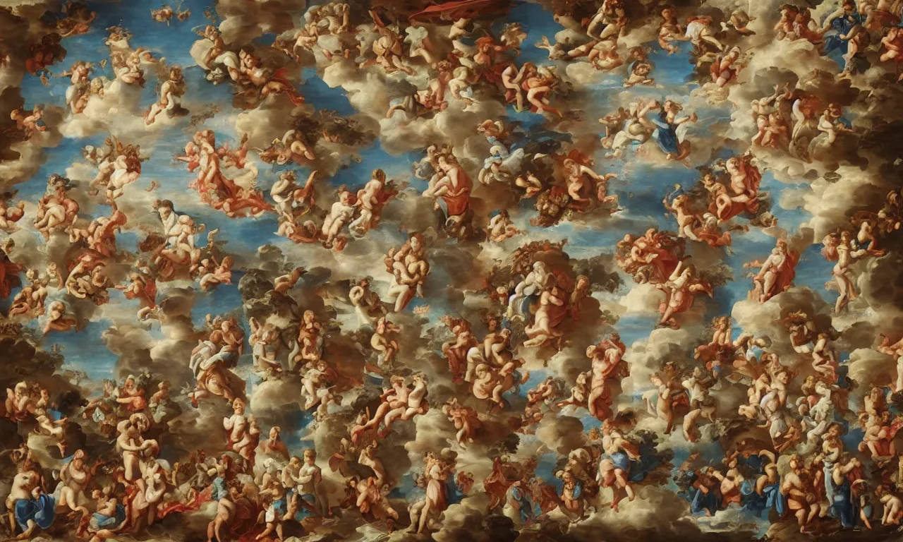 Prompt: a childish version of heaven in the style of baroque churches