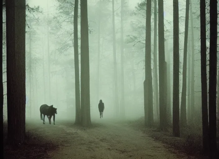 Image similar to medium shot, an evil horse is walking, woods, horror, fog, polaroid photo, vintage, neutral colors, by gregory crewdson,