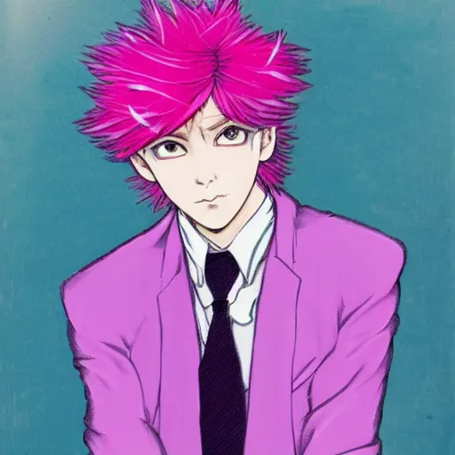 Image similar to boy with eccentric pink hair wearing a purple suit, artwork made by hirohiko araki