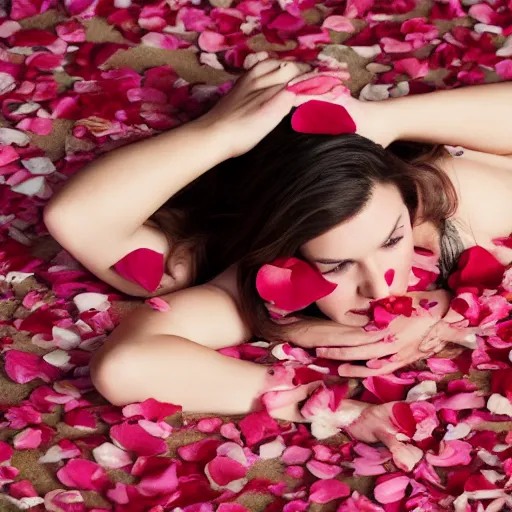 Image similar to woman laying in a pool of rose petals, movie poster, realistic, soft lighting, professional, full body, view from top