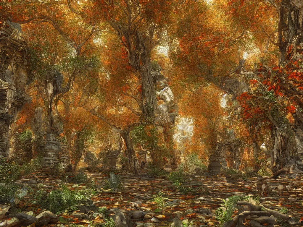 Image similar to autumn cannibalism in ancient city art by ernst haeckel, fractal, hypermaximalism unreal render engine 8 k