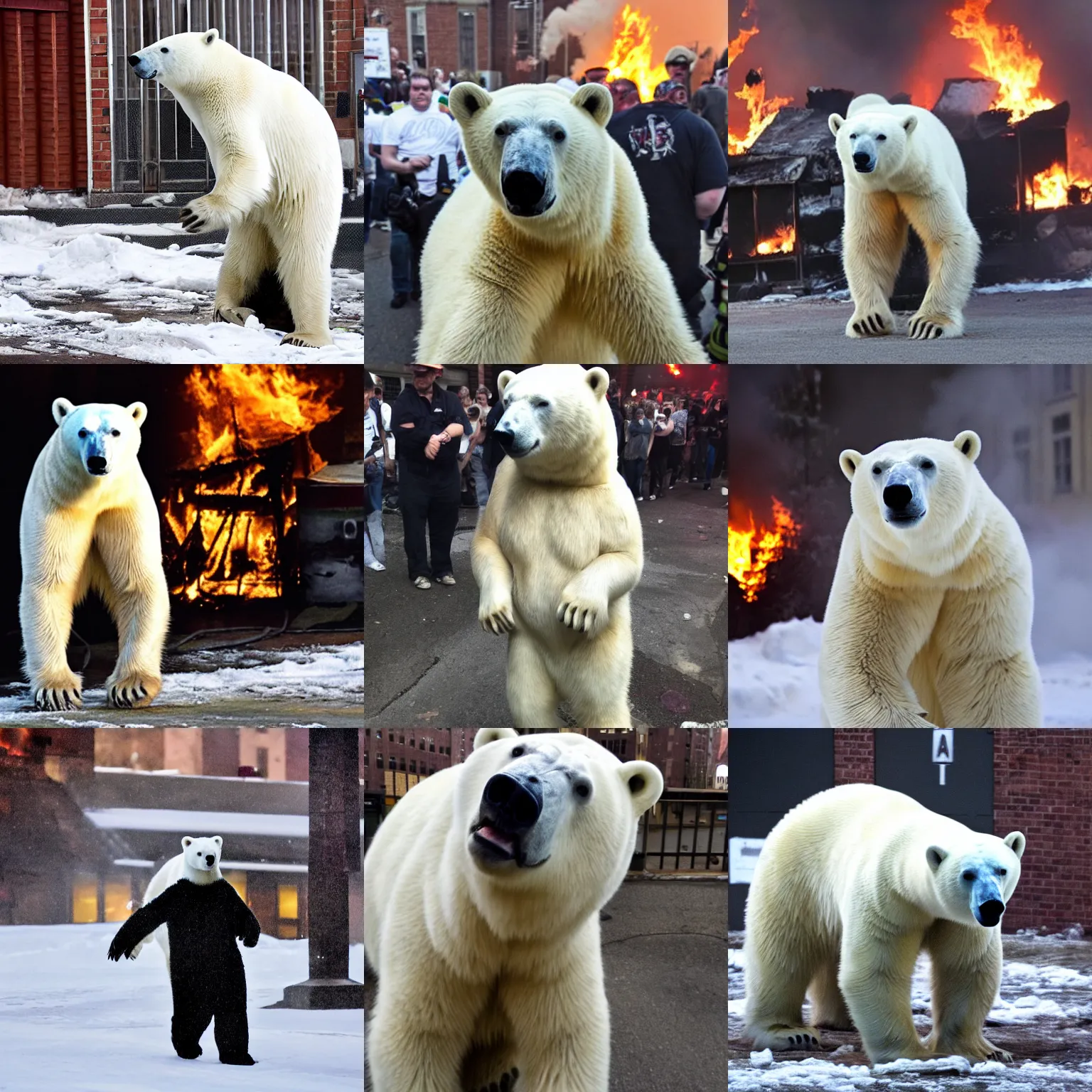 Prompt: polar bear dressed at the george floyd riots in minneapolis, lots of fire, photo