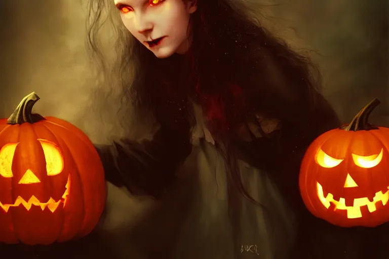 Image similar to portrait of a ghoulish victorian witch holding a jack - o - lantern, halloween night, charlie bowater, artgerm, ilya kuvshinov, krenz cushart, ruan jia, realism, ultra detailed, 8 k resolution