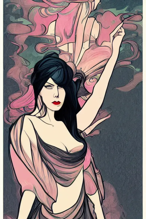 Prompt: vector style the abstract painting of an image of a lady artistic flat illustration, goth punk minimal figure art, soft colors mono chromatic, art in the style of Artgerm and Greg Rutkowski and Alphonse Mucha